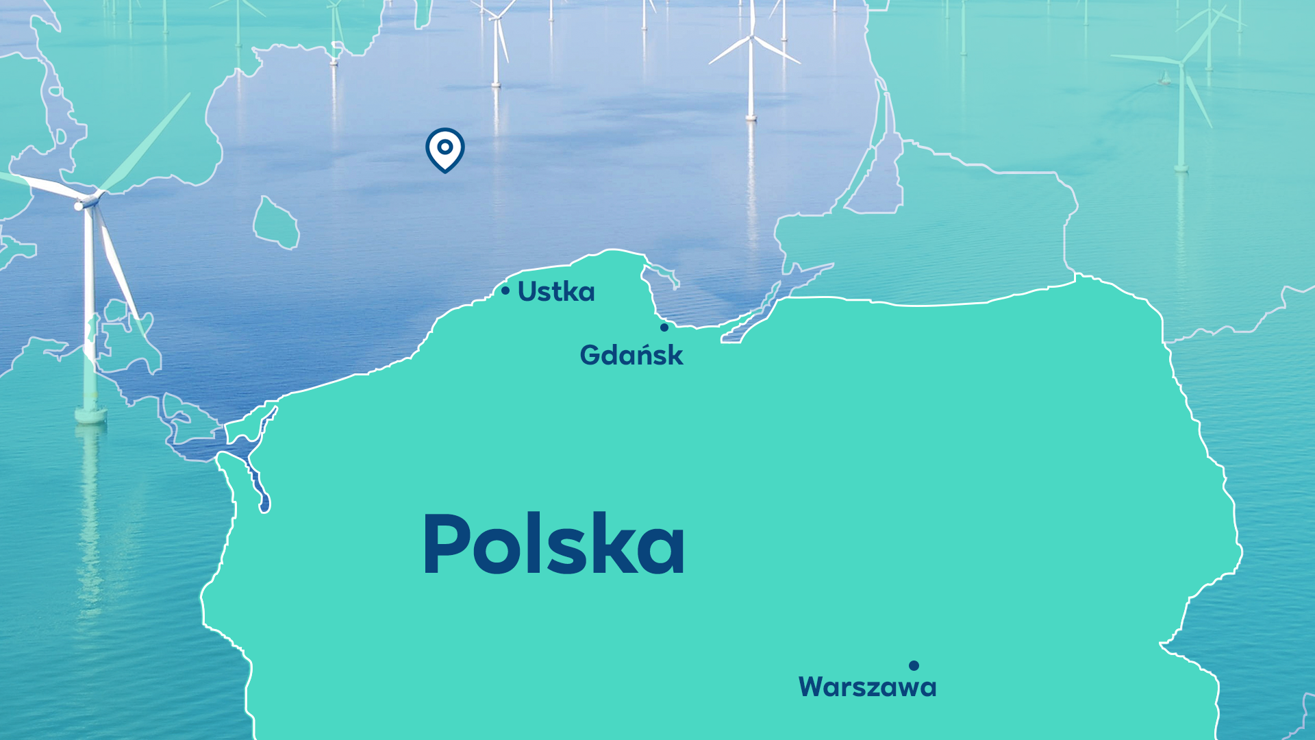 Mapa Polski z wyróżnionymi Gdańskiem, Ustką i Warszawą, z turbinami wiatrowymi w tle.