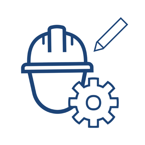 An illustration of a hard hat, gear, and pencil, symbolising engineering and construction.