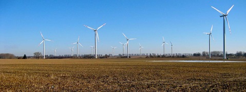 A vast field with many wind turbines under a clear blue sky, showcasing renewable energy production.