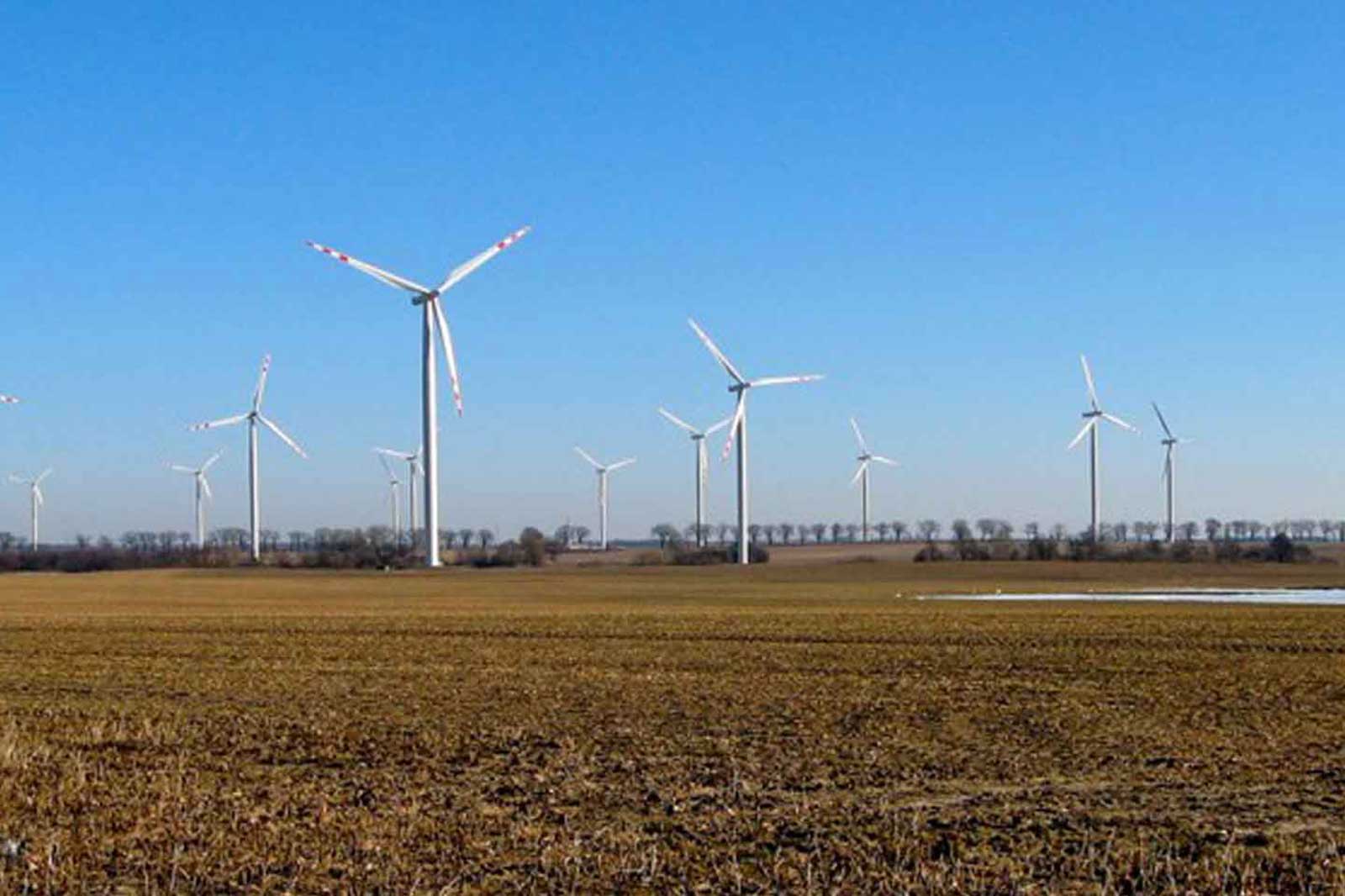 A landscape with multiple wind turbines against a clear blue sky and brown fields.