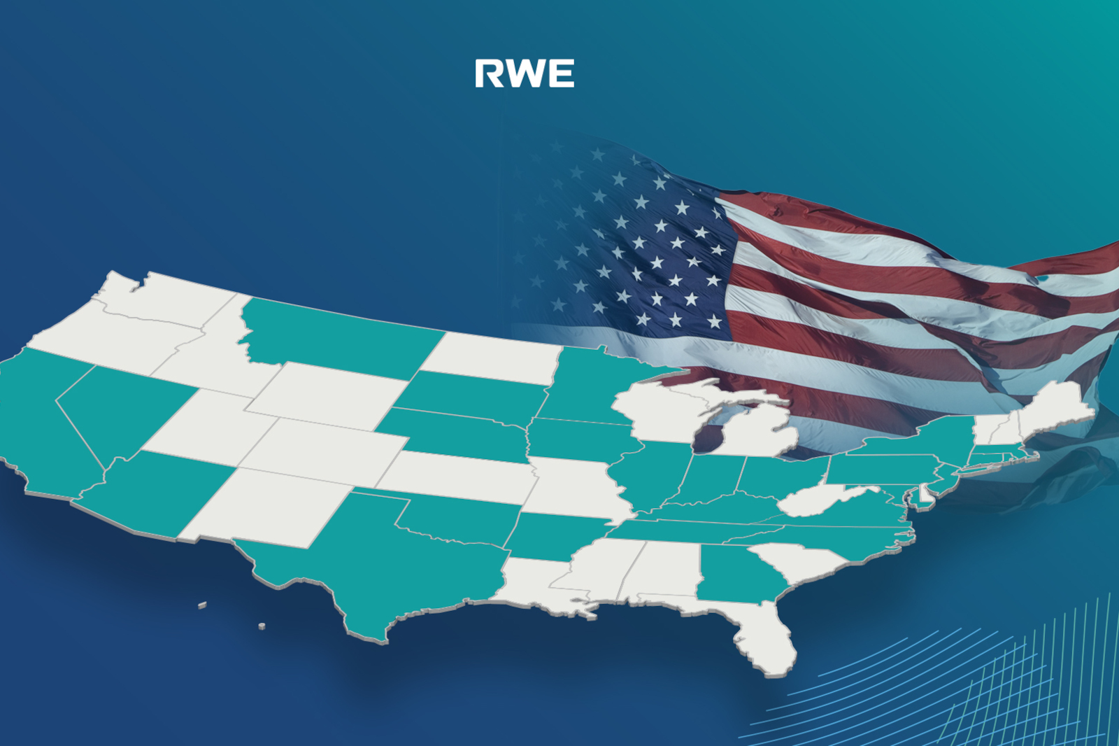 A map of the United States highlighting certain states in teal, with the American flag in the background.